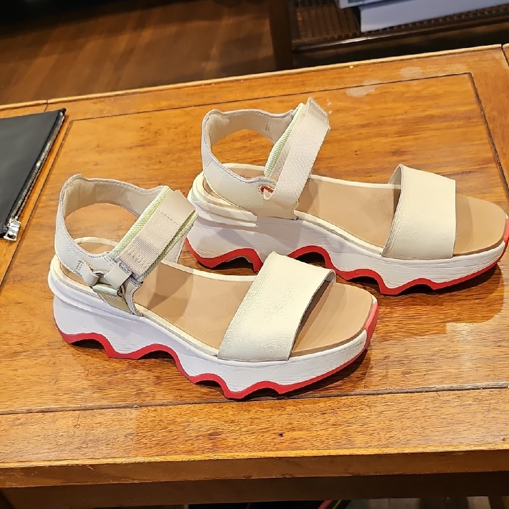 Sorel Cream Platform Sandals with Red Wave Outsole